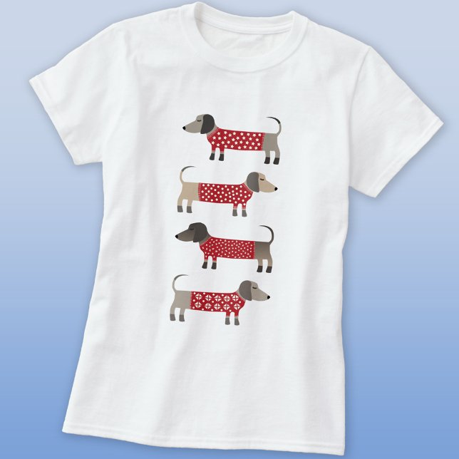 Dachshund Dog Fun  T-Shirt (Unisex t-shirt featuring fun Dachshund Sausage or Wiener dogs in red and white festive knitwear)