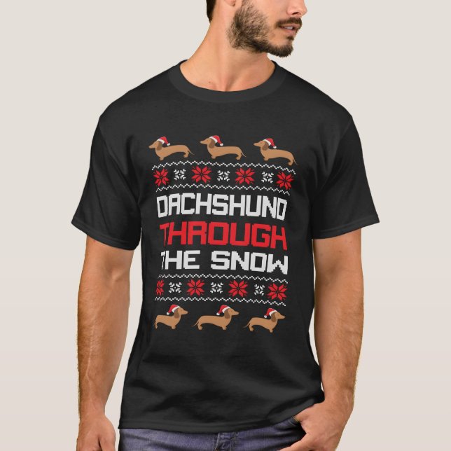 Dachshund Dog Funny Santa Through The Snow Costume T-Shirt (Front)