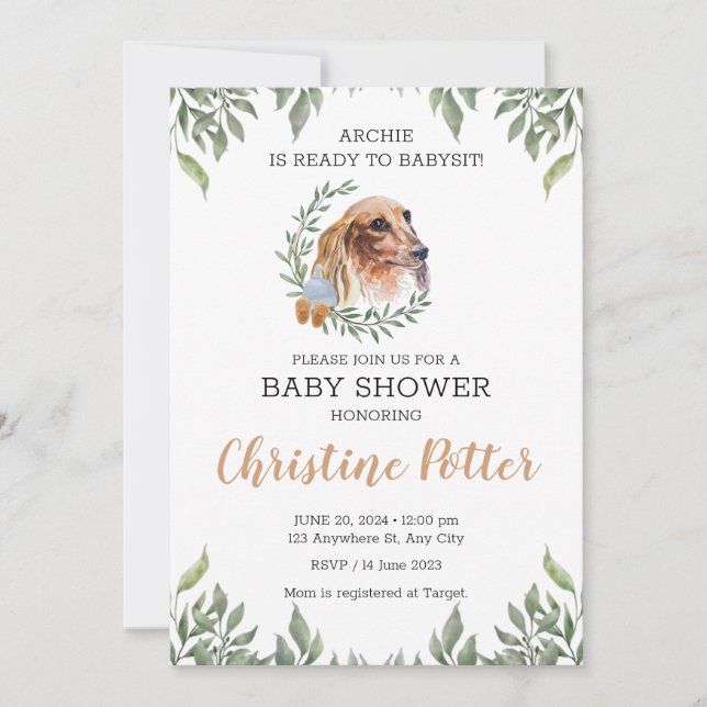 Dachshund Dog Greenery Boho Baby Shower Invitation (Front)