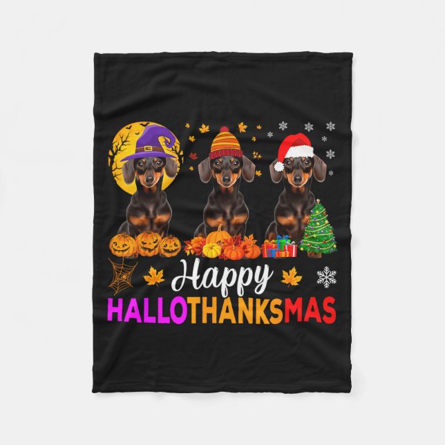 Dachshund Dog Halloween Christmas Hallothanksmas F Fleece Blanket (Front)