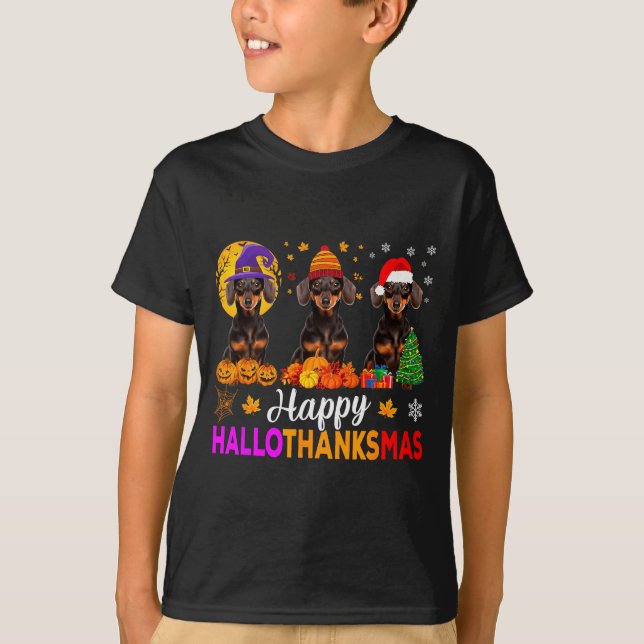 Dachshund Dog Halloween Christmas Hallothanksmas F T-Shirt (Front)