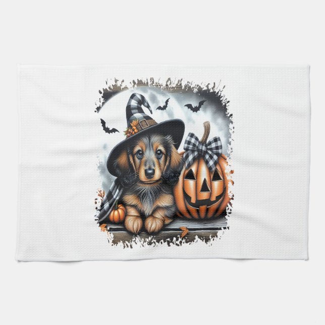 Dachshund Dog Halloween Tea Towel (Horizontal)