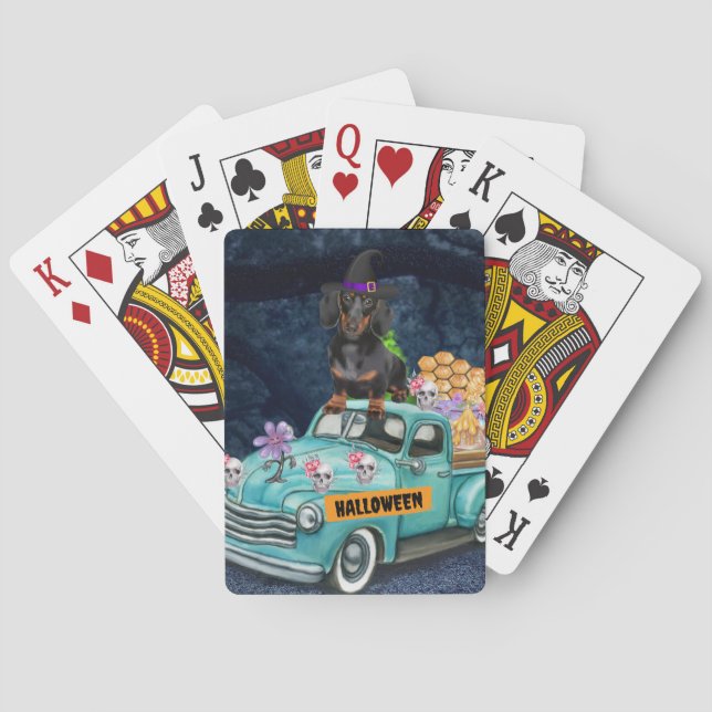 Dachshund Dog Halloween Truck Scary Night Playing Cards (Back)