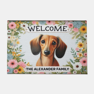 Dachshund Dog Home Sweet, Floral Framed Welcome Doormat