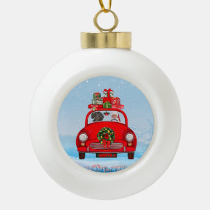 Dachshund Dog In Car With Santa Claus Ceramic Ball Christmas Ornament