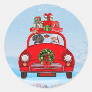 Dachshund Dog In Car With Santa Claus  Classic Round Sticker