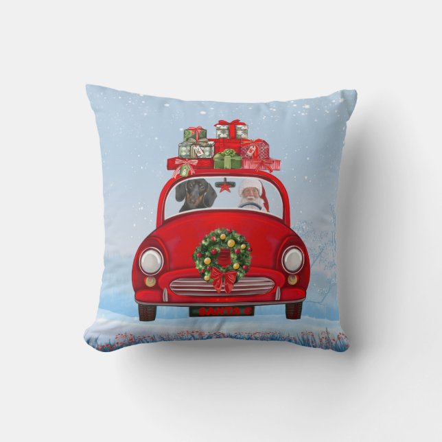Dachshund Dog In Car With Santa Claus Cushion (Front)