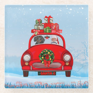 Dachshund Dog In Car With Santa Claus  Glass Coaster
