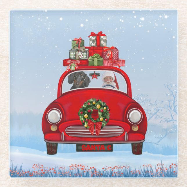Dachshund Dog In Car With Santa Claus  Glass Coaster (Front)