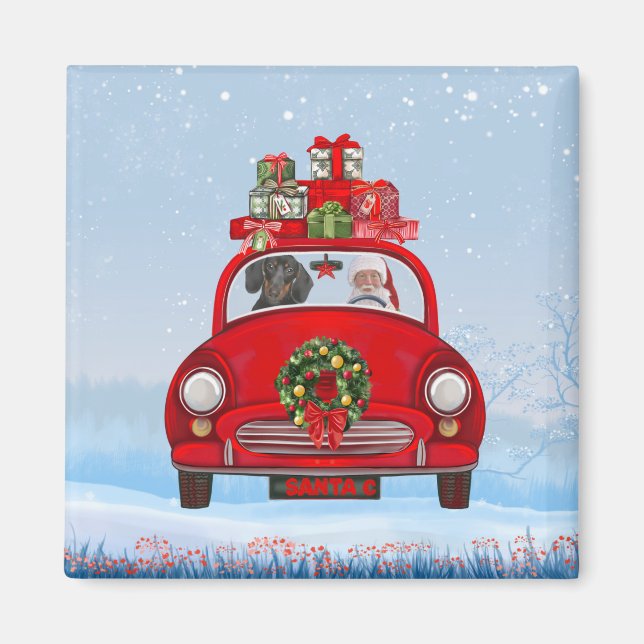 Dachshund Dog In Car With Santa Claus  Magnet (Front)