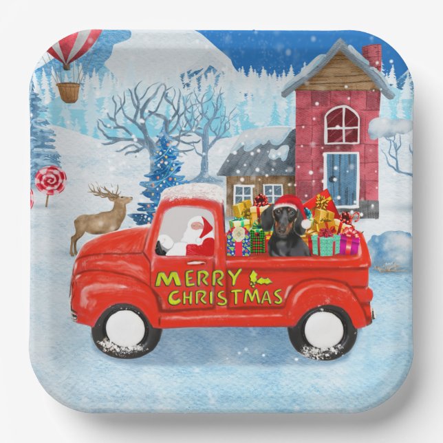Dachshund Dog in Christmas Delivery  Paper Plate (Front)