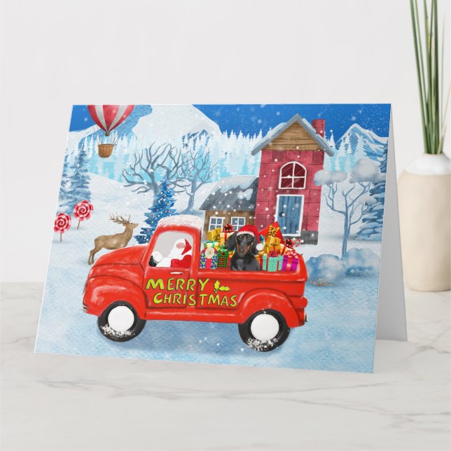 Dachshund Dog in Christmas Delivery Truck Snow Card (Front)