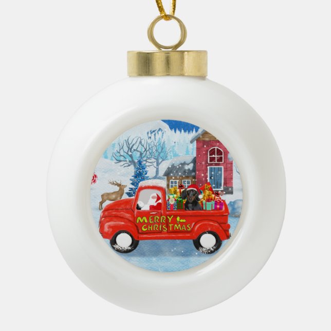 Dachshund Dog in Christmas Delivery Truck Snow  Ceramic Ball Christmas Ornament (Front)