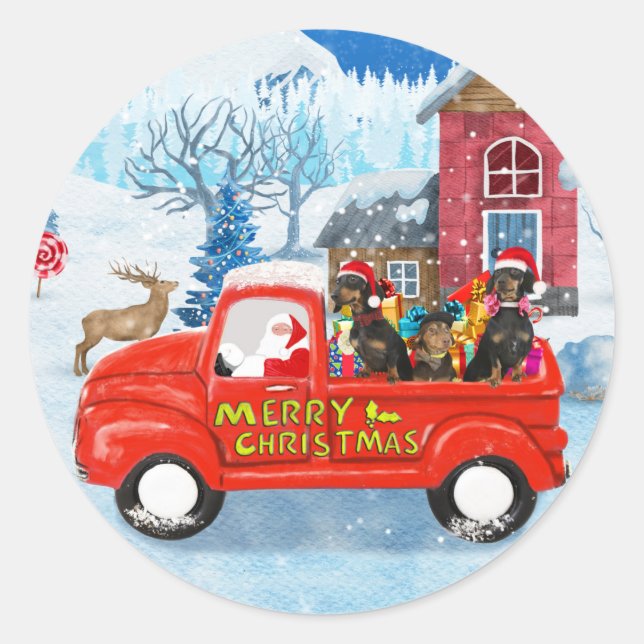 Dachshund Dog in Christmas Delivery Truck Snow  Classic Round Sticker (Front)