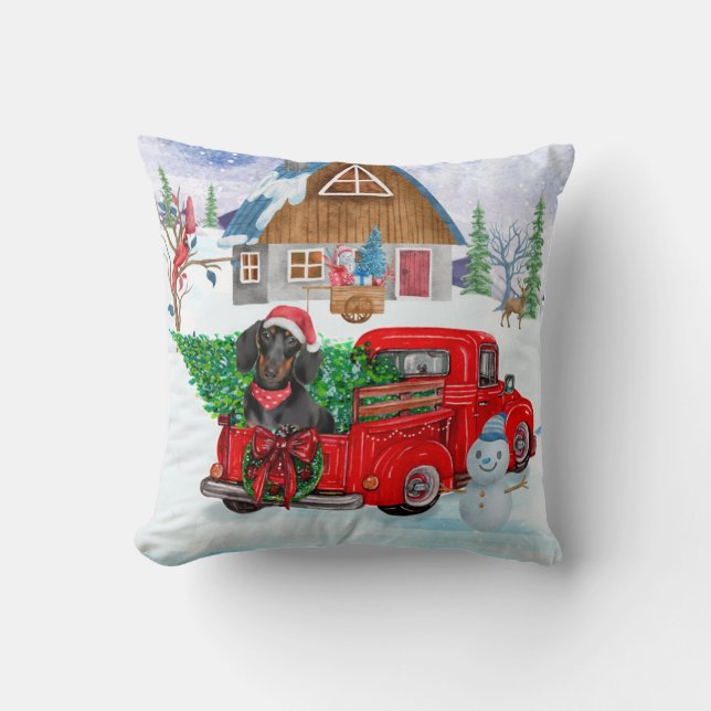 Dachshund Dog In Christmas Delivery Truck Snow Cushion (Front)
