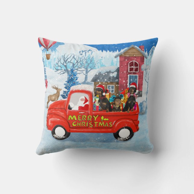 Dachshund Dog in Christmas Delivery Truck Snow Cushion (Back)