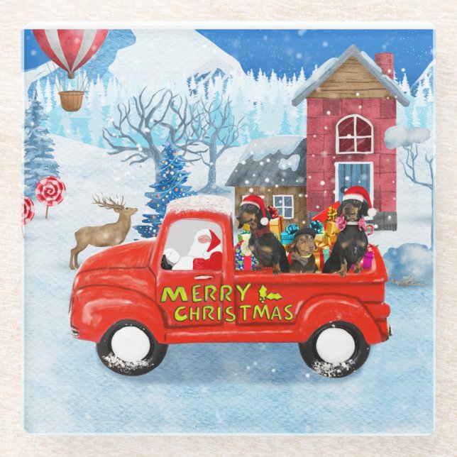 Dachshund Dog in Christmas Delivery Truck Snow Glass Coaster (Front)