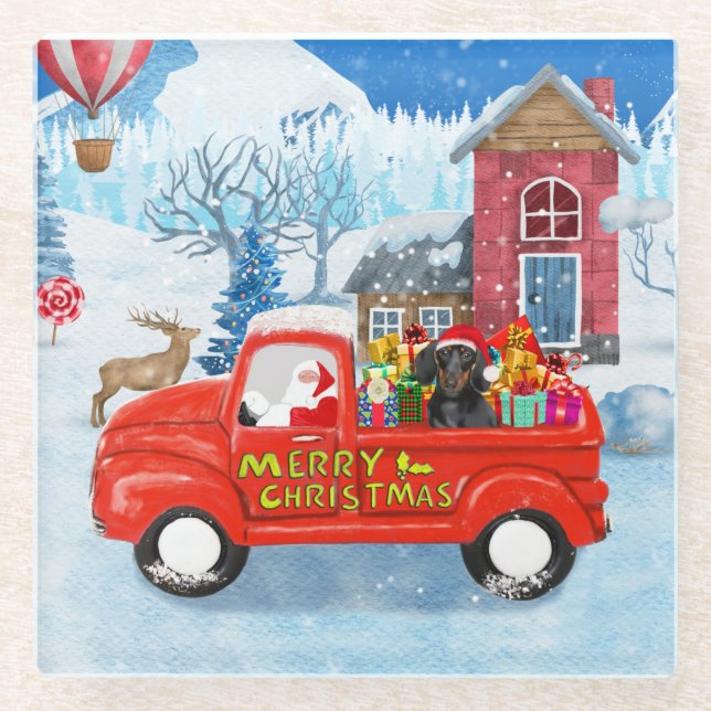 Dachshund Dog in Christmas Delivery Truck Snow  Glass Coaster (Front)