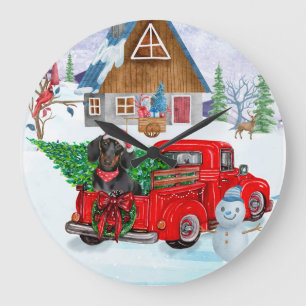 Dachshund Dog In Christmas Delivery Truck Snow Large Clock
