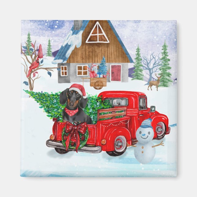 Dachshund Dog In Christmas Delivery Truck Snow Magnet (Front)