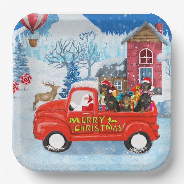 Dachshund Dog in Christmas Delivery Truck Snow  Paper Plate (Front)