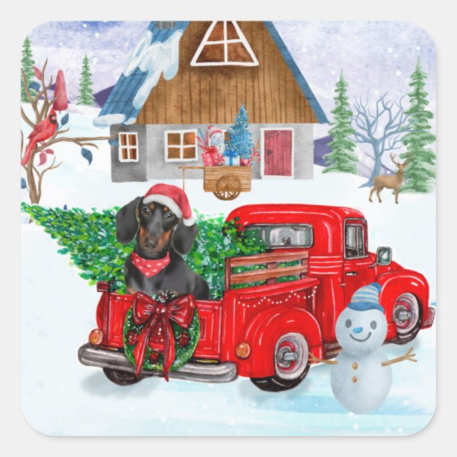 Dachshund Dog In Christmas Delivery Truck Snow Square Sticker (Front)