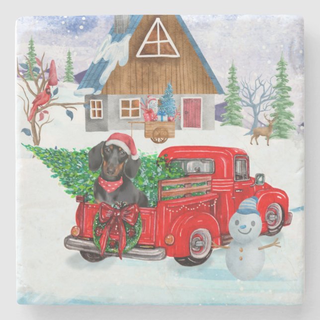 Dachshund Dog In Christmas Delivery Truck Snow Stone Coaster (Front)