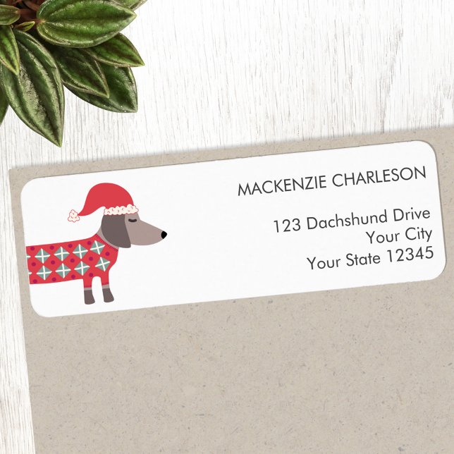 Dachshund Dog in Christmas Hat Return Address (Fun Dachshund Wiener Sausage Dog in a Christmas hat personalized return address label)