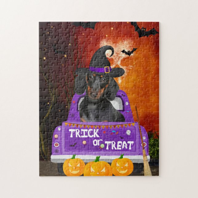 Dachshund Dog in Halloween Truck Jigsaw Puzzle (Vertical)