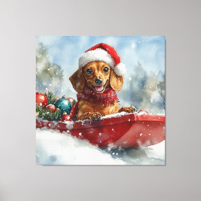 Dachshund Dog in Sledge Let it Snow Christmas Canvas Print (Front)