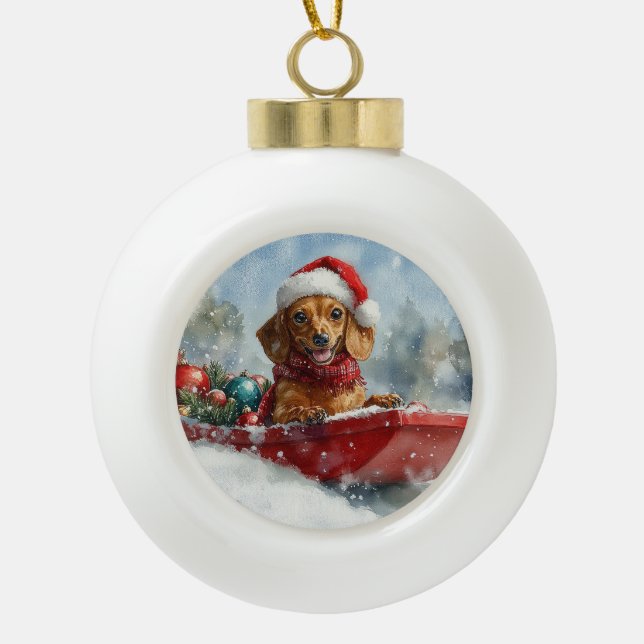 Dachshund Dog in Sledge Let it Snow Christmas Ceramic Ball Christmas Ornament (Front)