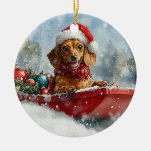 Dachshund Dog in Sledge Let it Snow Christmas Ceramic Tree Decoration