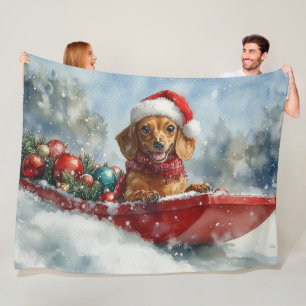 Dachshund Dog in Sledge Let it Snow Christmas Fleece Blanket