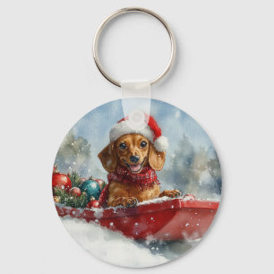 Dachshund Dog in Sledge Let it Snow Christmas Key Ring