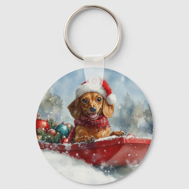 Dachshund Dog in Sledge Let it Snow Christmas Key Ring (Front)
