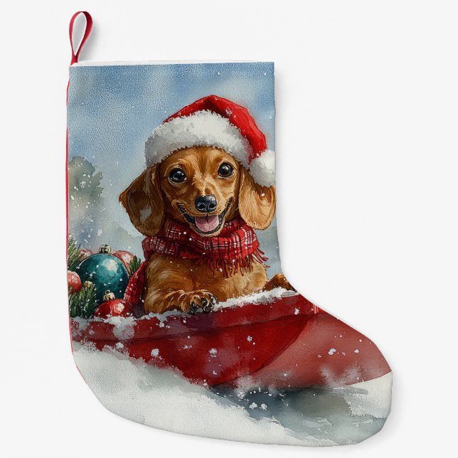 Dachshund Dog in Sledge Let it Snow Christmas Small Christmas Stocking (Front)