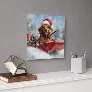 Dachshund Dog in Sledge Let it Snow Christmas Square Wall Clock