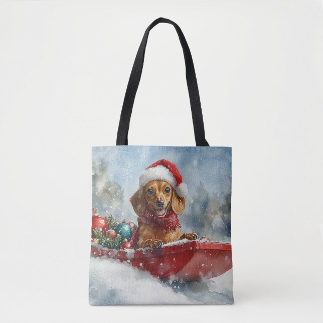 Dachshund Dog in Sledge Let it Snow Christmas Tote Bag (Front)