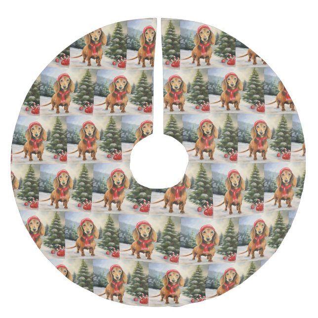 Dachshund Dog in Snow Christmas  Brushed Polyester Tree Skirt (Front)