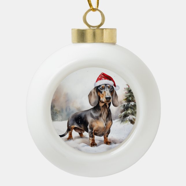 Dachshund Dog in Snow Christmas Ceramic Ball Christmas Ornament (Front)