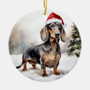 Dachshund Dog in Snow Christmas Ceramic Tree Decoration