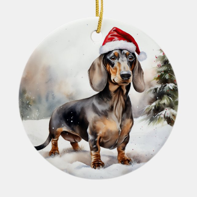 Dachshund Dog in Snow Christmas Ceramic Tree Decoration (Front)