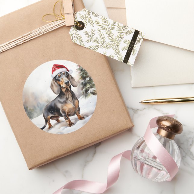 Dachshund Dog in Snow Christmas Classic Round Sticker (Gifting)