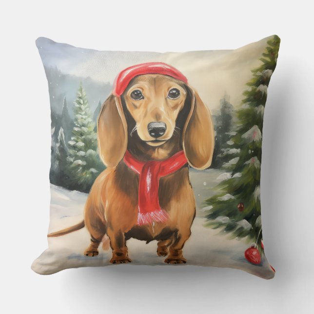 Dachshund Dog in Snow Christmas  Cushion (Front)