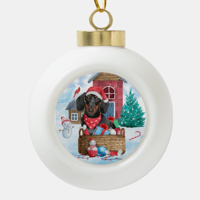 Dachshund Dog In snow Christmas Dog House  Ceramic Ball Christmas Ornament (Front)