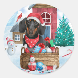 Dachshund Dog In snow Christmas Dog House  Classic Round Sticker