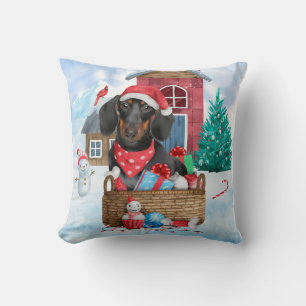 Dachshund Dog In snow Christmas Dog House Cushion
