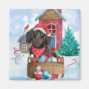 Dachshund Dog In snow Christmas Dog House  Magnet