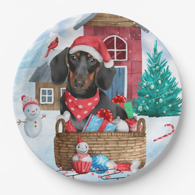 Dachshund Dog In snow Christmas Dog House  Paper Plate (Front)
