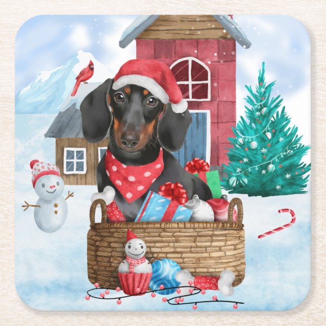 Dachshund Dog In snow Christmas Dog House Square Paper Coaster (Front)
